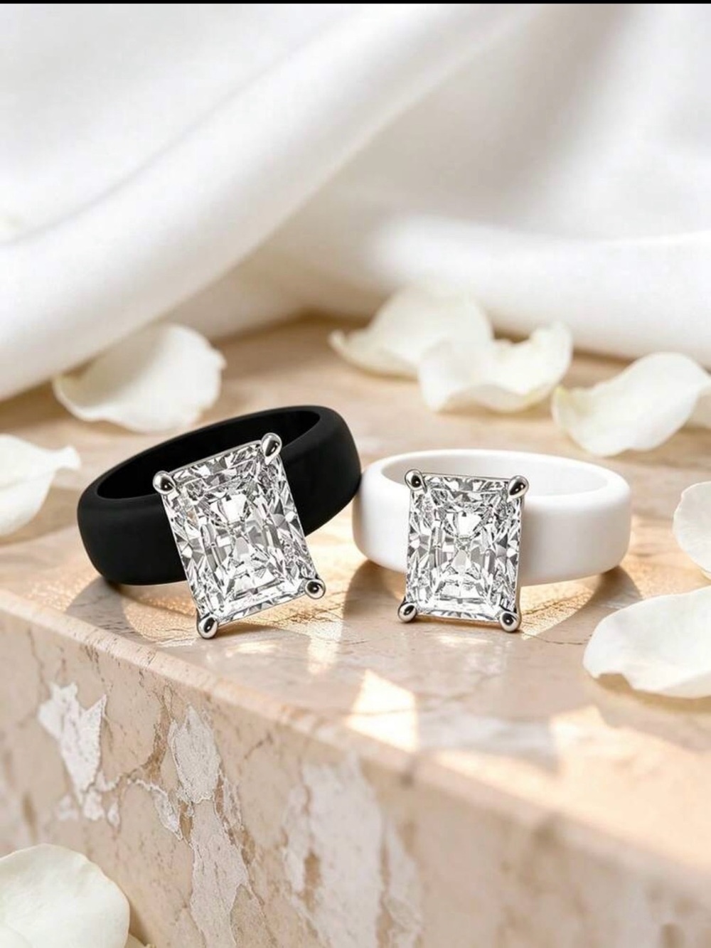 New Arrivals! Couple Square-Cut Solitaire Ring Set in Silver and Black .